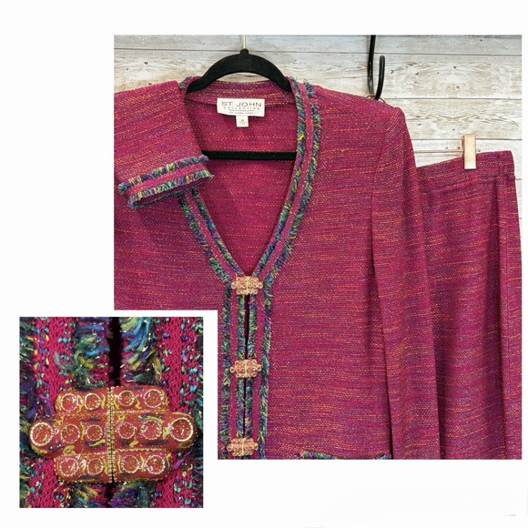 St. John Jackets & Blazers - ST. JOHN Womens Suit 10 Jacket 12 Skirt Fuchsia Pink Metallic Shimmer Gold Clasp